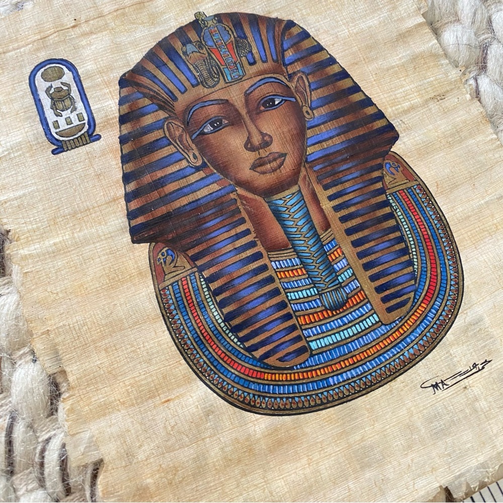 Vintage Signed Hand Painted Egyptian King Tutankhamen on Papyrus.